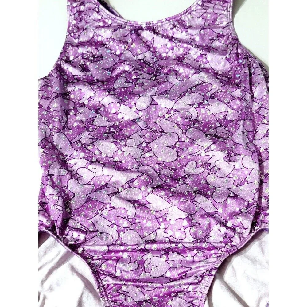 GK Elite Gymnastics Dance Racerback Keyhole Leotard Foil Hearts Purple Adult L
